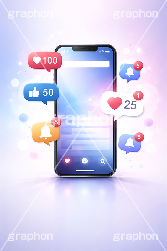 SNS,スマホ,スマートフォン,通知,デジタル,コミュニケーション,いいね,グッド,バッド,お気に入り,コメント,吹き出し,フキダシ,共有,ポップアップ,UI,炎上,トレンド,フォロワー,フォロー,依存,依存症,誹謗中傷,誹謗,中傷,プラットフォーム,メディア,アイコン,icon,digital,phone,bell,good,bad,communication,media,AI生成素材