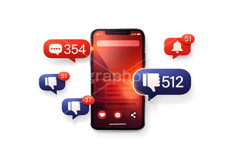 炎上,トレンド,フォロワー,フォロー,依存,依存症,誹謗中傷,誹謗,中傷,SNS,スマホ,スマートフォン,通知,デジタル,コミュニケーション,いいね,グッド,バッド,お気に入り,コメント,吹き出し,フキダシ,共有,ポップアップ,UI,プラットフォーム,メディア,アイコン,icon,digital,phone,bell,good,bad,communication,media,AI生成素材