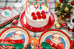 クリスマスケーキ,ケーキ,クリスマスパーティー,クリスマス,パーティー,生クリーム,クリーム,冬,オーナメント,サンタ,サンタクロース,いちご,イチゴ,苺,ツリー,クリスマスツリー,CHRISTMAS,party,winter,cake,cream,Santa,strawberry,フルサイズ撮影
