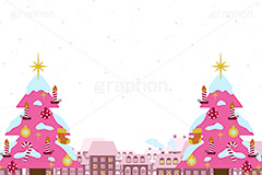 クリスマスタウン,クリスマス,クリスマスツリー,スノータウン,背景,冬,雪,ツリー,結晶,雪の結晶,家,町,靴下,くつした,キャンドル,煙突,フレーム,イラスト,illustration,frame,CHRISTMAS,snow,tree