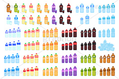 ペットボトル飲料(ベクターデータ),麦茶,緑茶,茶,お茶,ジュース,リンゴジュース,りんごジュース,アップルジュース,オレンジジュース,ぶどうジュース,グレープジュース,コーラ,炭酸,ミネラルウォーター,保存水,スポーツドリンク,様々なサイズのペットボトル,2ℓのペットボトル,2ℓ,2リットル,1.5ℓのペットボトル,1.5ℓ,1.5リットル,1ℓのペットボトル,1ℓ,1リットル,500mℓのペットボトル,500ミリリットル,500mℓ,容量,ペットボトル,ボトル,ドリンク,飲み物,飲料,リサイクル,プラスチック,エコ,イラスト,イラストセット,illustration,drink,bottle,cola,juice,tea
