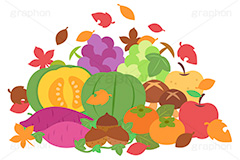 秋の味覚,食欲の秋,かぼちゃ,カボチャ,南瓜,パンプキン,さつまいも,サツマイモ,さつま芋,芋,いも,イモ,スイートポテト,柿,かき,カキ,栗,くり,クリ,シイタケ,椎茸,しいたけ,きのこ,キノコ,茸,りんご,リンゴ,林檎,葡萄,ぶどう,ブドウ,マスカット,梨,なし,フルーツ,果物,果実,野菜,食材,秋,落葉,落ち葉,枯葉,枯れ葉,挿絵,挿し絵,vegetable,fruit,autumn,pumpkin,apple,grape,muscat,marron,sweetpotato