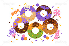 ハロウィンスイーツ,ハロウィンドーナツ,ハロウィン,ドーナツ,ドーナッツ,チョコドーナツ,スイーツ,お菓子,菓子,おやつ,チョコ,チョコレート,トッピング,デコレーション,焼き菓子,焼菓子,挿絵,挿し絵,illustration,donut,halloween