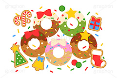 クリスマススイーツ,クリスマスドーナツ,クリスマス,ドーナツ,ドーナッツ,チョコドーナツ,スイーツ,リース,お菓子,菓子,おやつ,チョコ,チョコレート,トッピング,デコレーション,焼き菓子,焼菓子,挿絵,挿し絵,illustration,donut,christmas