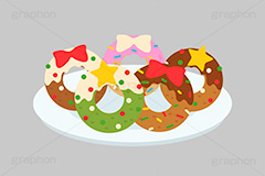 クリスマスドーナツ,クリスマススイーツ,クリスマス,ドーナツ,ドーナッツ,チョコドーナツ,スイーツ,リース,お菓子,菓子,おやつ,チョコ,チョコレート,トッピング,デコレーション,焼き菓子,焼菓子,皿,挿絵,挿し絵,illustration,donut,christmas