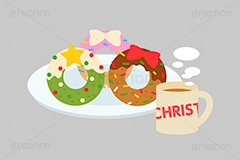 クリスマスドーナツ,クリスマススイーツ,クリスマス,ドーナツ,ドーナッツ,チョコドーナツ,スイーツ,リース,お菓子,菓子,おやつ,チョコ,チョコレート,トッピング,デコレーション,焼き菓子,焼菓子,紅茶,ティー,ティーカップ,皿,挿絵,挿し絵,illustration,donut,christmas