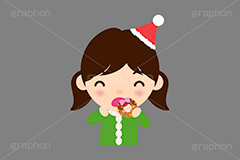クリスマスパーティー,ドーナツを食べる女の子,ドーナツを食べる子供,クリスマス,パーティー,子供,キッズ,女の子,スイーツ,ドーナツ,ドーナッツ,おやつ,菓子,お菓子,食べる,食べる人,人物,キャラクター,イラスト,挿絵,挿し絵,冬,illustration,kids,donut,christmas