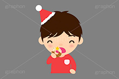 クリスマスパーティー,ドーナツを食べる男の子,ドーナツを食べる子供,クリスマス,パーティー,子供,キッズ,男の子,スイーツ,ドーナツ,ドーナッツ,おやつ,菓子,お菓子,食べる,食べる人,人物,キャラクター,イラスト,挿絵,挿し絵,illustration,kids,donut,christmas