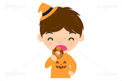 ハロウィンパーティー,ドーナツを食べる男,ハロウィン,パーティー,若者,スイーツ,ドーナツ,ドーナッツ,おやつ,菓子,お菓子,食べる,食べる人,人物,キャラクター,イラスト,挿絵,挿し絵,illustration,kids,donut,halloween