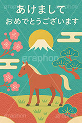 午年シンプルイラスト,和柄,梅,松,雲柄,富士山,初日の出,日の出,馬イラスト,午,馬,うま,ウマ,午年,干支,正月,お正月,年賀状,2026午年,午年年賀状,新年,ニューイヤー,アニバーサリー,イラスト,illustration,japan,horse