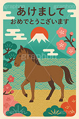 午年シンプルイラスト,和柄,梅,松,雲柄,富士山,初日の出,日の出,馬イラスト,午,馬,うま,ウマ,午年,干支,正月,お正月,年賀状,2026午年,午年年賀状,新年,ニューイヤー,アニバーサリー,イラスト,illustration,japan,horse