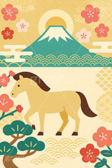 午年シンプルイラスト,和柄,梅,松,雲柄,富士山,初日の出,日の出,馬イラスト,午,馬,うま,ウマ,午年,干支,正月,お正月,年賀状,2026午年,午年年賀状,新年,ニューイヤー,アニバーサリー,イラスト,illustration,japan,horse