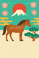 午年シンプルイラスト,和柄,梅,松,雲柄,富士山,初日の出,日の出,馬イラスト,午,馬,うま,ウマ,午年,干支,正月,お正月,年賀状,2026午年,午年年賀状,新年,ニューイヤー,アニバーサリー,イラスト,illustration,japan,horse
