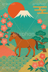 午年シンプルイラスト,和柄,梅,松,雲柄,富士山,初日の出,日の出,馬イラスト,午,馬,うま,ウマ,午年,干支,正月,お正月,年賀状,2026午年,午年年賀状,新年,ニューイヤー,アニバーサリー,イラスト,illustration,japan,horse