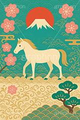午年シンプルイラスト,和柄,梅,松,雲柄,富士山,初日の出,日の出,馬イラスト,午,馬,うま,ウマ,午年,干支,正月,お正月,年賀状,2026午年,午年年賀状,新年,ニューイヤー,アニバーサリー,イラスト,illustration,japan,horse