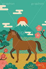 午年シンプルイラスト,和柄,梅,松,雲柄,富士山,初日の出,日の出,馬イラスト,午,馬,うま,ウマ,午年,干支,正月,お正月,年賀状,2026午年,午年年賀状,新年,ニューイヤー,アニバーサリー,イラスト,illustration,japan,horse