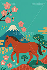 午年シンプルイラスト,和柄,梅,松,雲柄,富士山,初日の出,日の出,馬イラスト,午,馬,うま,ウマ,午年,干支,正月,お正月,年賀状,2026午年,午年年賀状,新年,ニューイヤー,アニバーサリー,イラスト,illustration,japan,horse