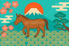 午年シンプルイラスト,和柄,梅,松,雲柄,富士山,初日の出,日の出,馬イラスト,午,馬,うま,ウマ,午年,干支,正月,お正月,年賀状,2026午年,午年年賀状,新年,ニューイヤー,アニバーサリー,イラスト,illustration,japan,horse