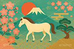 午年シンプルイラスト,和柄,梅,松,雲柄,富士山,初日の出,日の出,馬イラスト,午,馬,うま,ウマ,午年,干支,正月,お正月,年賀状,2026午年,午年年賀状,新年,ニューイヤー,アニバーサリー,イラスト,illustration,japan,horse