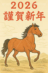 午年イラスト(浮世絵風),浮世絵,草原,馬イラスト,2026,謹賀新年,午,馬,うま,ウマ,午年,干支,正月,お正月,年賀状,2026午年,午年年賀状,新年,ニューイヤー,アニバーサリー,イラスト,illustration,japan,horse