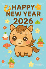 うるうる馬イラスト,馬イラスト,ハッピーニューイヤー,HappyNewYear,うるうる,ウルウル,キャラクター,門松,鏡餅,鏡もち,午,馬,うま,ウマ,かわいい,可愛い,カワイイ,2026,午年,干支,正月,お正月,年賀状,2026午年,午年年賀状,新年,ニューイヤー,アニバーサリー,イラスト,illustration,japan,horse,character,cute