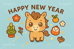 うるうる馬イラスト,馬イラスト,ハッピーニューイヤー,HappyNewYear,うるうる,ウルウル,キャラクター,門松,鏡餅,鏡もち,ダルマ,だるま,達磨,こま,コマ,午,馬,うま,ウマ,かわいい,可愛い,カワイイ,午年,干支,正月,お正月,年賀状,2026午年,午年年賀状,新年,ニューイヤー,アニバーサリー,イラスト,illustration,japan,horse,character,cute