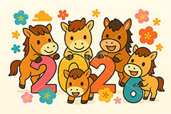 ファミリー馬イラスト,馬イラスト,ファミリー,家族,キャラクター,午,馬,うま,ウマ,かわいい,可愛い,カワイイ,2026,花柄,午年,干支,正月,お正月,年賀状,2026午年,午年年賀状,新年,ニューイヤー,アニバーサリー,イラスト,illustration,japan,horse,character,cute