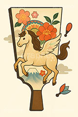 レトロ馬イラストレトロ,劇画,羽子板,羽根つき,羽根突き,富士山,梅,馬イラスト,午,馬,うま,ウマ,ペガサス,伝説,午年,干支,正月,お正月,年賀状,2026午年,午年年賀状,新年,ニューイヤー,アニバーサリー,イラスト,illustration,japan,horse