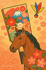 レトロ馬イラストレトロ,劇画,羽子板,羽根つき,羽根突き,富士山,梅,馬イラスト,午,馬,うま,ウマ,午年,干支,正月,お正月,年賀状,2026午年,午年年賀状,新年,ニューイヤー,アニバーサリー,イラスト,illustration,japan,horse