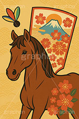 レトロ馬イラストレトロ,劇画,羽子板,羽根つき,羽根突き,富士山,梅,馬イラスト,午,馬,うま,ウマ,午年,干支,正月,お正月,年賀状,2026午年,午年年賀状,新年,ニューイヤー,アニバーサリー,イラスト,illustration,japan,horse