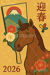 レトロ馬イラストレトロ,劇画,羽子板,羽根つき,羽根突き,富士山,梅,迎春,2026,馬イラスト,午,馬,うま,ウマ,午年,干支,正月,お正月,年賀状,2026午年,午年年賀状,新年,ニューイヤー,アニバーサリー,イラスト,illustration,japan,horse