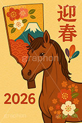 レトロ馬イラストレトロ,劇画,羽子板,羽根つき,羽根突き,富士山,梅,迎春,2026,馬イラスト,午,馬,うま,ウマ,午年,干支,正月,お正月,年賀状,2026午年,午年年賀状,新年,ニューイヤー,アニバーサリー,イラスト,illustration,japan,horse