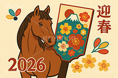 レトロ馬イラストレトロ,劇画,羽子板,羽根つき,羽根突き,富士山,梅,迎春,2026,馬イラスト,午,馬,うま,ウマ,午年,干支,正月,お正月,年賀状,2026午年,午年年賀状,新年,ニューイヤー,アニバーサリー,イラスト,illustration,japan,horse
