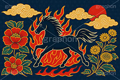 午年スカジャン風イラスト,スカジャン,刺繍,派手,和柄,花柄,馬イラスト,午,馬,うま,ウマ,午年,干支,正月,お正月,年賀状,2026午年,午年年賀状,新年,かっこいい,クール,シルエット,ニューイヤー,アニバーサリー,イラスト,illustration,japan,horse,silhouette,cool