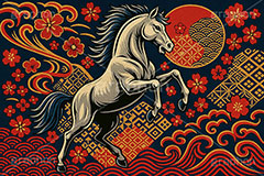 午年スカジャン風イラスト,スカジャン,刺繍,派手,和柄,花柄,馬イラスト,午,馬,うま,ウマ,午年,干支,正月,お正月,年賀状,2026午年,午年年賀状,新年,かっこいい,クール,シルエット,ニューイヤー,アニバーサリー,イラスト,illustration,japan,horse,silhouette,cool