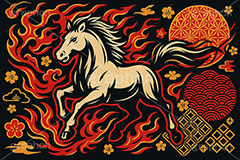 午年スカジャン風イラスト,スカジャン,刺繍,派手,和柄,花柄,馬イラスト,午,馬,うま,ウマ,午年,干支,正月,お正月,年賀状,2026午年,午年年賀状,新年,かっこいい,クール,シルエット,ニューイヤー,アニバーサリー,イラスト,illustration,japan,horse,silhouette,cool