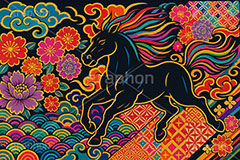 午年スカジャン風イラスト,スカジャン,刺繍,派手,和柄,花柄,馬イラスト,午,馬,うま,ウマ,午年,干支,正月,お正月,年賀状,2026午年,午年年賀状,新年,かっこいい,クール,シルエット,ニューイヤー,アニバーサリー,イラスト,illustration,japan,horse,silhouette,cool