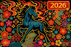 午年スカジャン風イラスト,スカジャン,刺繍,派手,和柄,花柄,馬イラスト,午,馬,うま,ウマ,午年,干支,正月,お正月,年賀状,2026午年,2026,午年年賀状,新年,かっこいい,クール,シルエット,ニューイヤー,アニバーサリー,イラスト,illustration,japan,horse,silhouette,cool