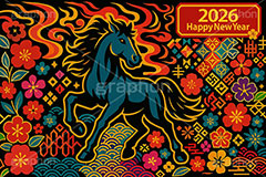 午年スカジャン風イラスト,スカジャン,刺繍,派手,和柄,花柄,馬イラスト,午,馬,うま,ウマ,午年,干支,正月,お正月,年賀状,2026午年,2026,午年年賀状,新年,ハッピーニューイヤー,HappyNewYear,かっこいい,クール,シルエット,ニューイヤー,アニバーサリー,イラスト,illustration,japan,horse,silhouette,cool