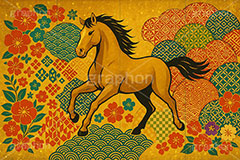 午年－金屛風イラスト,金屛風,屛風,派手,和柄,花柄,馬イラスト,午,馬,うま,ウマ,午年,干支,正月,お正月,年賀状,2026午年,午年年賀状,新年,かっこいい,クール,シルエット,ニューイヤー,アニバーサリー,イラスト,illustration,japan,horse,silhouette,cool