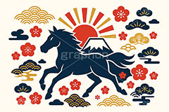 午年シンプルモダン,午年シンプルイラスト,シルエット,モダン,和柄,松,梅,馬イラスト,午,馬,うま,ウマ,午年,干支,正月,お正月,年賀状,日の出,初日の出,富士山,2026午年,午年年賀状,新年,ニューイヤー,アニバーサリー,イラスト,おしゃれ,お洒落,オシャレ,illustration,japan,horse,silhouette