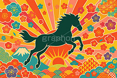 午年カラフルイラスト,午年シンプルイラスト,シルエット,カラフル,和柄,松,梅,馬イラスト,午,馬,うま,ウマ,午年,干支,正月,お正月,年賀状,日の出,初日の出,富士山,2026午年,午年年賀状,新年,ニューイヤー,アニバーサリー,イラスト,派手,illustration,japan,horse,silhouette,colorful