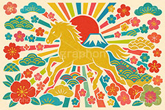 午年カラフルイラスト,午年シンプルイラスト,シルエット,カラフル,和柄,松,梅,馬イラスト,午,馬,うま,ウマ,午年,干支,正月,お正月,年賀状,日の出,初日の出,富士山,2026午年,午年年賀状,新年,ニューイヤー,アニバーサリー,イラスト,派手,illustration,japan,horse,silhouette,colorful