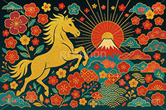 午年スカジャン風イラスト,スカジャン,金箔,金粉,刺繍,派手,和柄,花柄,馬イラスト,午,馬,うま,ウマ,午年,干支,正月,お正月,年賀状,2026午年,午年年賀状,新年,日の出,初日の出,かっこいい,クール,シルエット,ニューイヤー,アニバーサリー,イラスト,illustration,japan,horse,silhouette,cool
