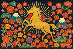 午年スカジャン風イラスト,スカジャン,金箔,金粉,刺繍,派手,和柄,花柄,馬イラスト,午,馬,うま,ウマ,午年,干支,正月,お正月,年賀状,2026午年,午年年賀状,新年,日の出,初日の出,かっこいい,クール,シルエット,ニューイヤー,アニバーサリー,イラスト,illustration,japan,horse,silhouette,cool
