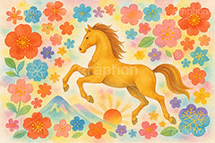 午年－水彩イラスト,パステル,カラフル,水彩,和柄,花柄,富士山,馬イラスト,午,馬,うま,ウマ,午年,干支,正月,お正月,年賀状,2026午年,午年年賀状,新年,ニューイヤー,アニバーサリー,イラスト,illustration,japan,horse,pastel