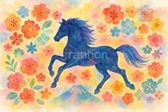 午年－水彩イラスト,パステル,カラフル,水彩,和柄,花柄,富士山,馬イラスト,午,馬,うま,ウマ,午年,干支,正月,お正月,年賀状,2026午年,午年年賀状,新年,ニューイヤー,アニバーサリー,イラスト,illustration,japan,horse,pastel