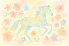 午年－水彩イラスト,パステル,カラフル,水彩,和柄,花柄,馬イラスト,午,馬,うま,ウマ,午年,干支,正月,お正月,年賀状,2026午年,午年年賀状,新年,ニューイヤー,アニバーサリー,イラスト,illustration,japan,horse,pastel