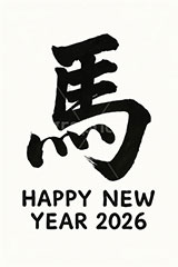 馬の毛筆,毛筆,筆,筆字,習字,墨,馬イラスト,午,馬,うま,ウマ,干支,正月,お正月,年賀状,2026午年,午年年賀状,新年,ニューイヤー,アニバーサリー,イラスト,文字,テキスト,メッセージ,ハッピーニューイヤー,HappyNewYear,illustration,japan,horse,message,text,japan