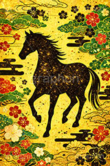 午年イラスト和柄,午年シンプルイラスト,和柄,馬イラスト,午,馬,うま,ウマ,金箔,金粉,松,梅,午年,金屛風,屏風,干支,正月,お正月,年賀状,2026午年,午年年賀状,新年,ニューイヤー,アニバーサリー,イラスト,illustration,japan,horse